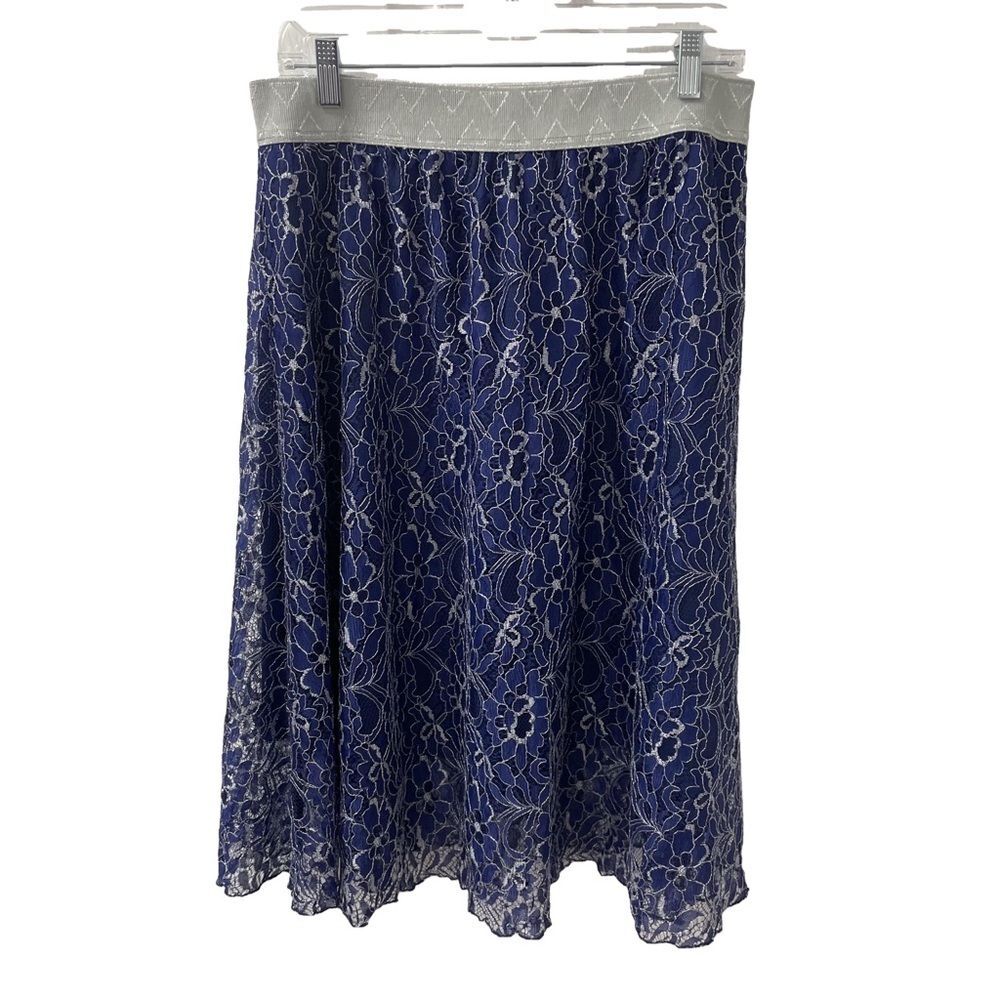 LuLaRoe Lola Skirt Navy w/ Silver Metallic Lace Elastic Waist Women’s Size Large